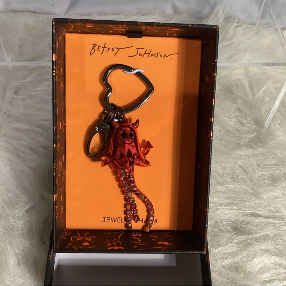 Betsey Johnson Halloween Red Jeweled Devil Ghost Keychain Bag Charm NIB